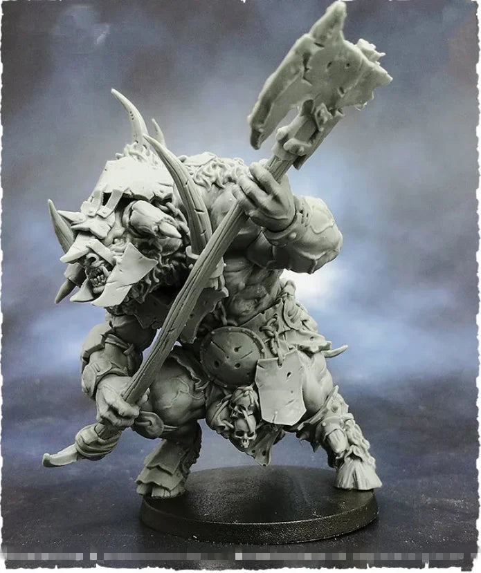 55mm Bull-Horned Warrior Charging with Spiked Cleaver, Resin Model Figure Kit, Fantasy Theme, Unassembled and Unpainted