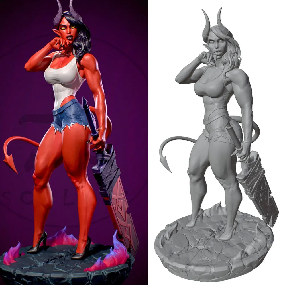 1/24 Female Demon with Spiral Horns and Staff, Resin Model Figure Kit, Anime Theme, Unassembled and Unpainted