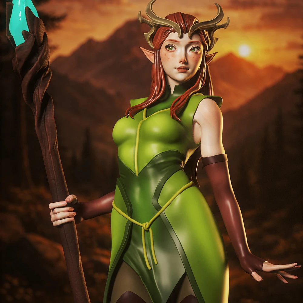 1/24 Horned Elf Sorceress in Green with Staff, Resin Model Figure Kit, Fantasy Theme, Unassembled and Unpainted