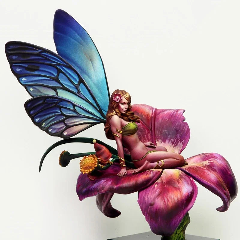 90mm Fairy Warrior on Purple Bloom, Resin Model Figure Kit, Fantasy Theme, Unassembled and Unpainted
