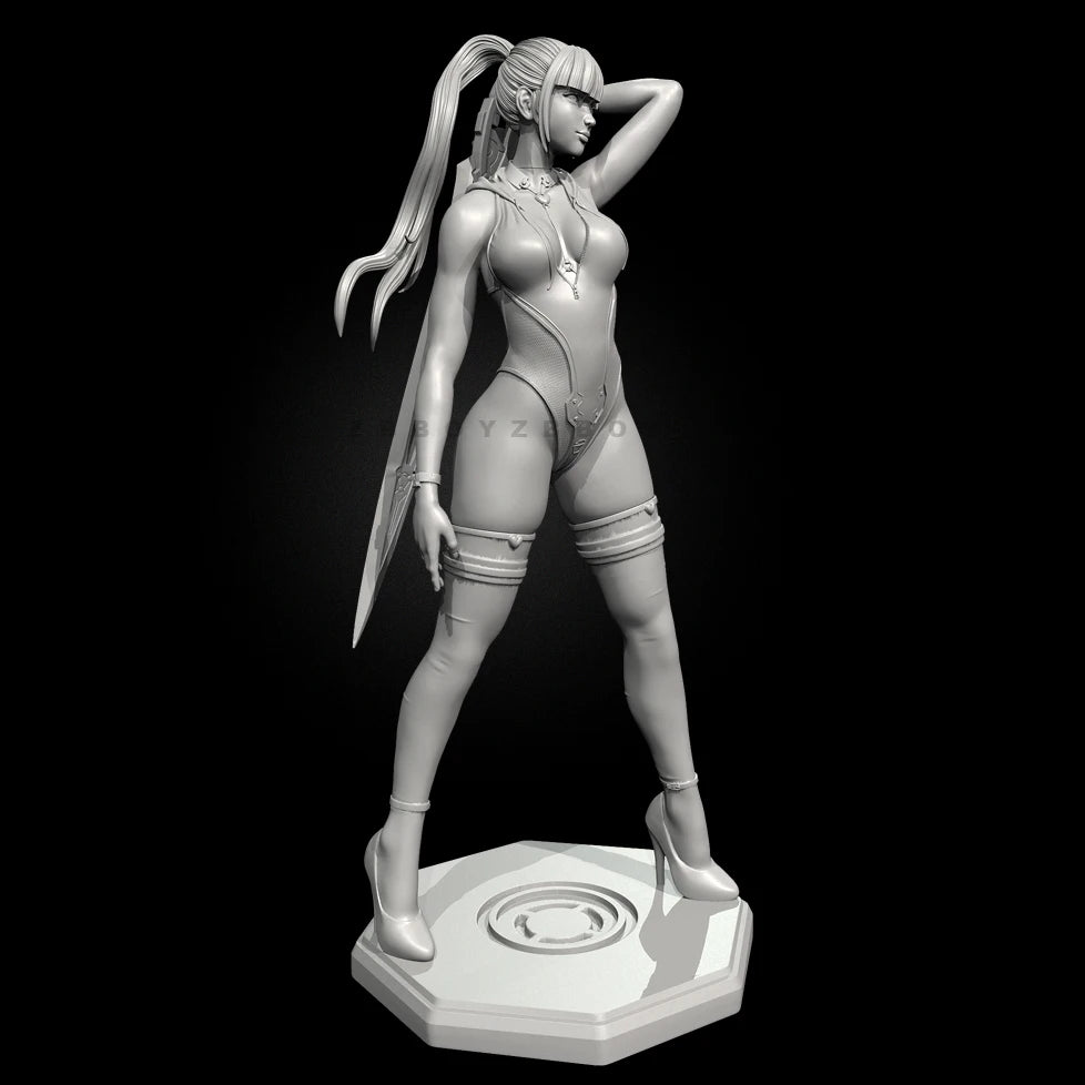 75mm Long-Haired Swordswoman with Raised Arm, Resin Model Figure Kit, Unassembled and Unpainted