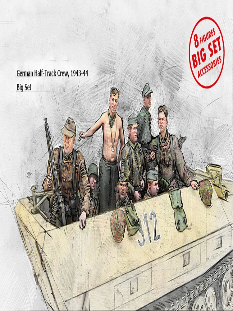 1/35 WWII German Half-track Crew, 8 Figures, Resin Model Figure Kit, Unassembled and Unpainted