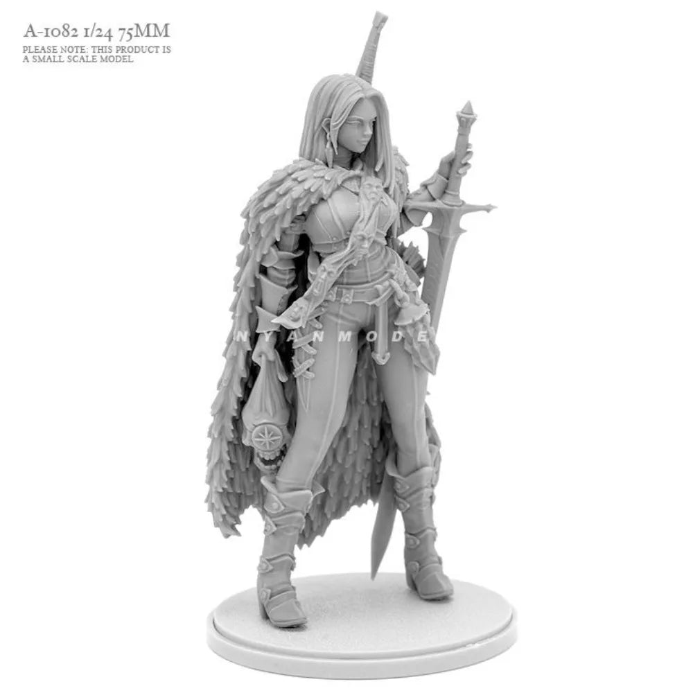 75mm Female Warrior with Feathered Pauldrons, Resin Model Figure Kit, Fantasy Theme, Unassembled and Unpainted