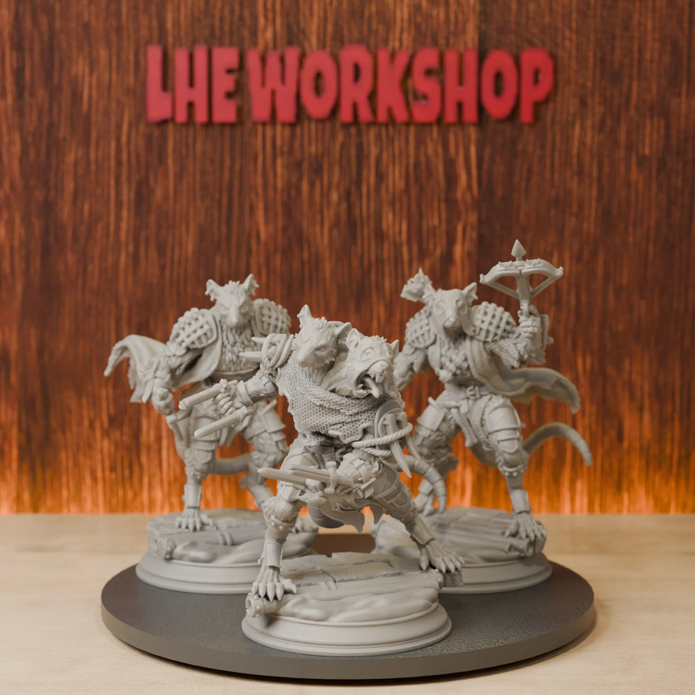 38mm Ratfolk Vermin Grunts, 3 Figures, Resin Model Figure Kit, Fantasy Theme, Unassembled and Unpainted