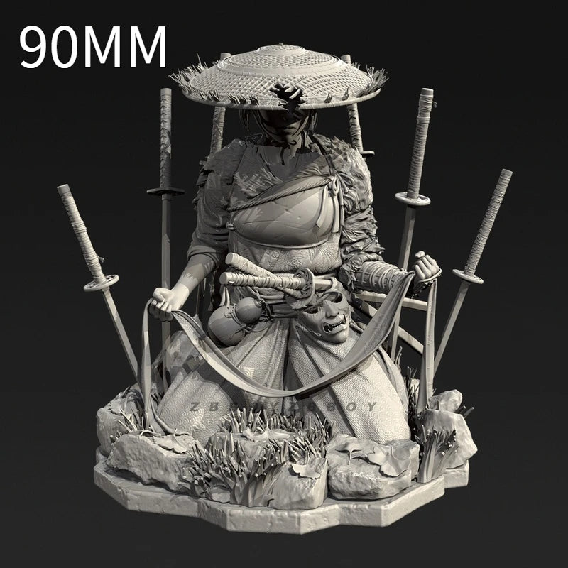 90mm Female Warrior with Conical Hat and Twin Sabers, Resin Model Figure Kit, Fantasy Theme, Unassembled and Unpainted
