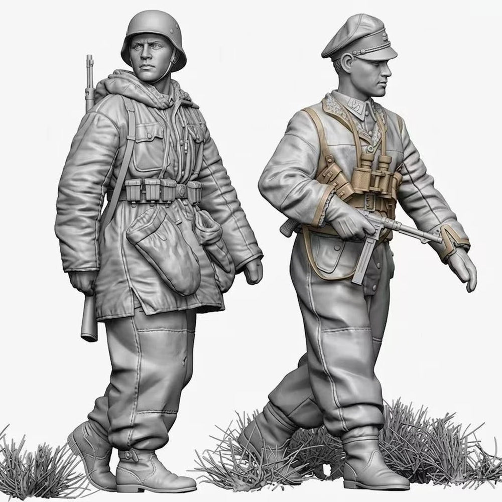 1/35 WWII German Infantry Advancing with Winter Coat and Field Cap, 2 Figures, Resin Model Figure Kit, Unassembled and Unpainted