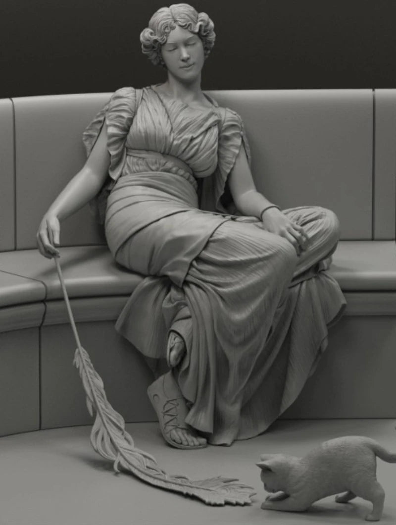 80mm Ancient Classical Female with Cat, Resin Model Figure Kit, Unassembled and Unpainted