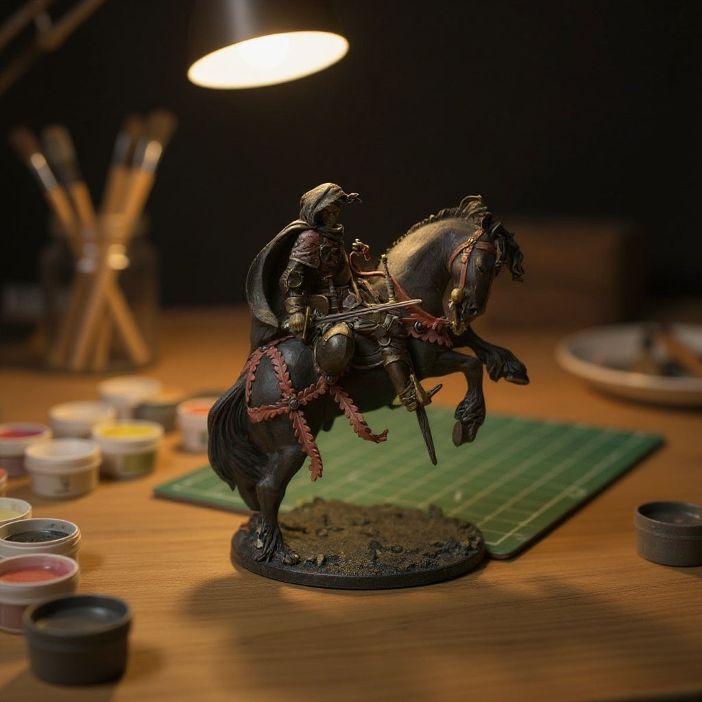 A painted resin knight miniature on a hobby workbench under a warm lamp — painted example of what builders make