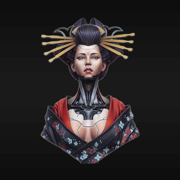 Cyberpunk Female Geisha with Golden Headdress 1/12 Resin Bust Kit