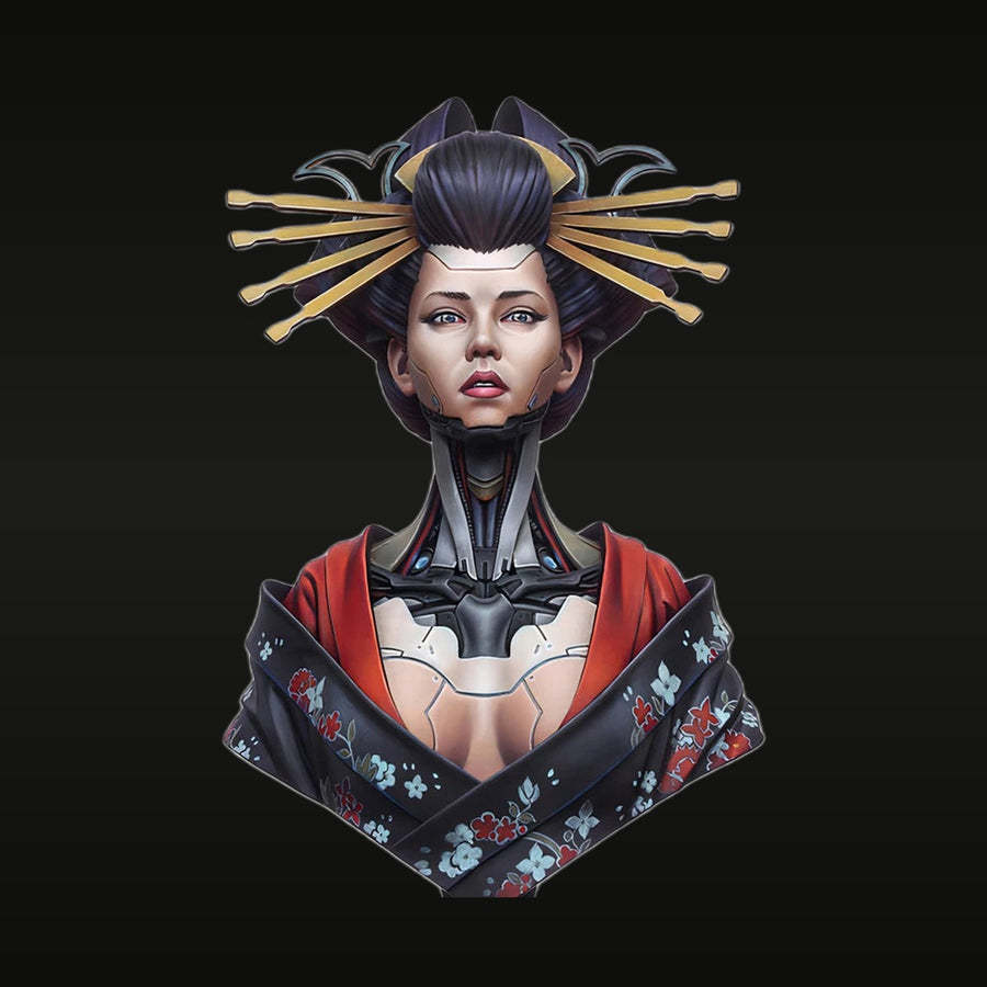 Cyberpunk Female Geisha with Golden Headdress 1/12 Resin Bust Kit - unpainted resin model kit