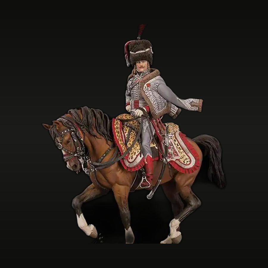 Napoleonic French Imperial Guard Hussar Officer Mounted 75mm Resin Figure Kit - unpainted resin model kit