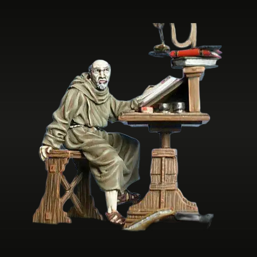 Medieval Monk Scribe Seated at Lectern with Books 54mm Resin Figure Kit - unpainted resin model kit
