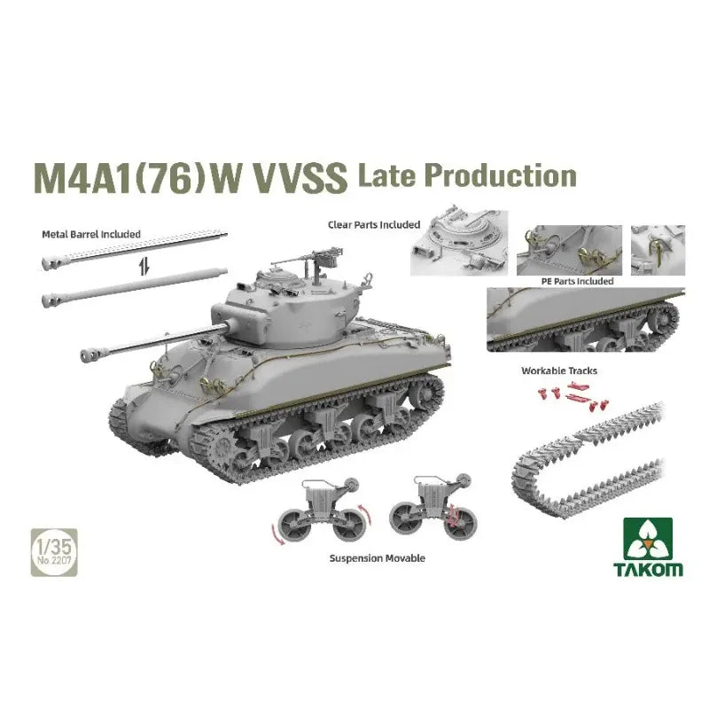 TAKOM 2207 1/35 M4A1 76(W) VVSS Late Production Tank Military Assemble Model Kit Plastic Model Kit