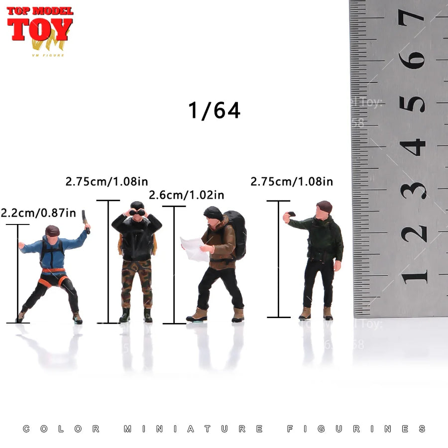 Painted Miniatures 1/64 Outdoor Hiking Rock Climbing Exploration Team Male Scene Figure Doll Unpainted Model for Car Vehicles