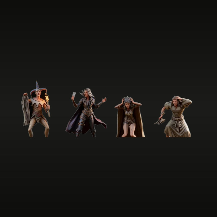 Fantasy Civilians & Caster Set - Jester, Mage, Kneeling & Robed Figure 28mm Resin Kit - unpainted resin model kit