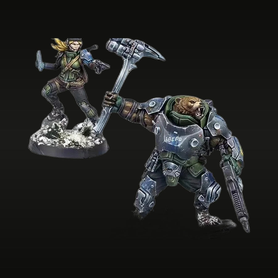 Sci-Fi Ariadna Beast Pack Commander Female Operative and Armoured Bear 40mm Resin Figure Kit - unpainted resin model kit