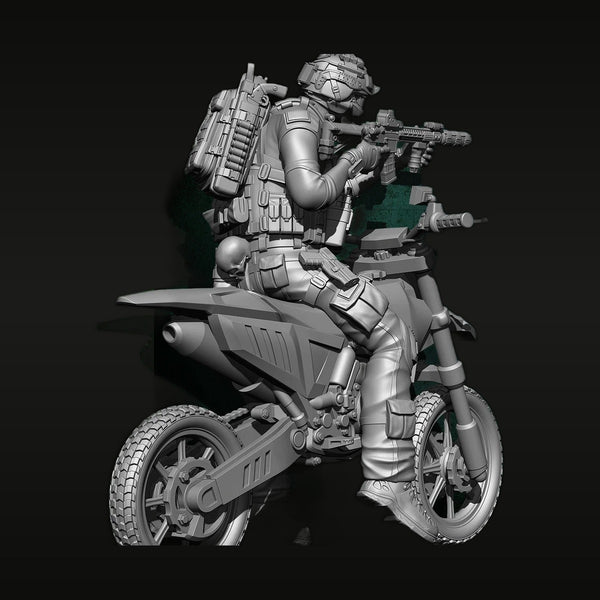 Modern Special Forces Soldier on Tactical Motorcycle with Assault Rifle 75mm Resin Figure Kit