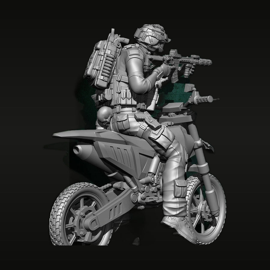 Modern Special Forces Soldier on Tactical Motorcycle with Assault Rifle 75mm Resin Figure Kit - unpainted resin model kit