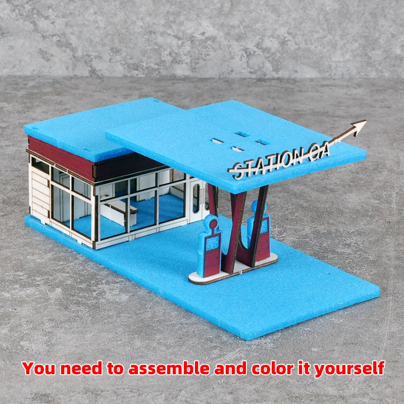Assembly Architectural Model Sand Table Gas Station Filling Petrol Service Station Modern and Car Scale Model Kit 1/64