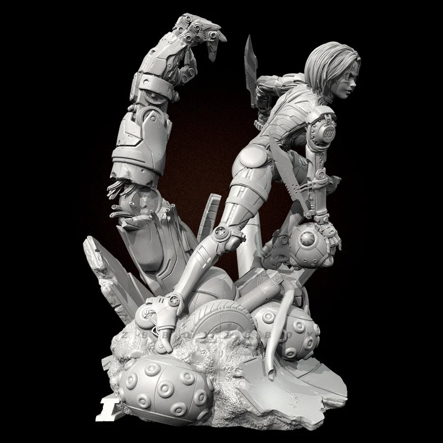 Sci-Fi Cyborg Female Warrior with Mechanical Base 50mm Resin Bust Kit - resin model view 3