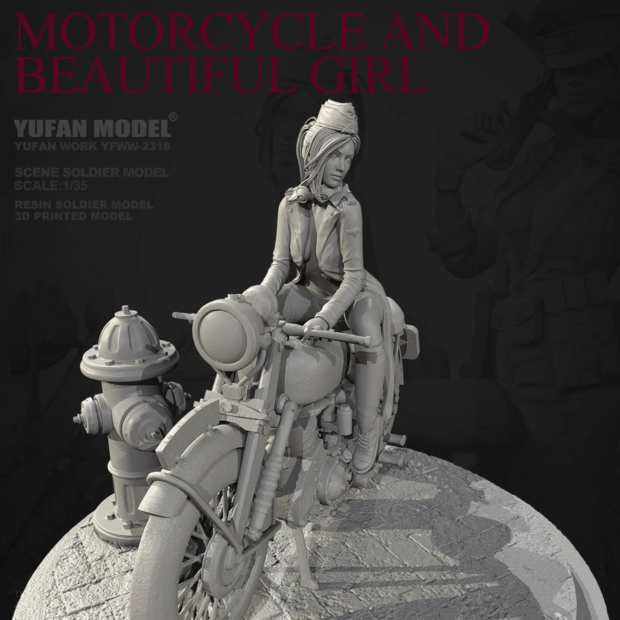 WWII Female Motorcycle Dispatch Rider Classic Cruiser 1/35 Resin Figure Kit - resin model view 3