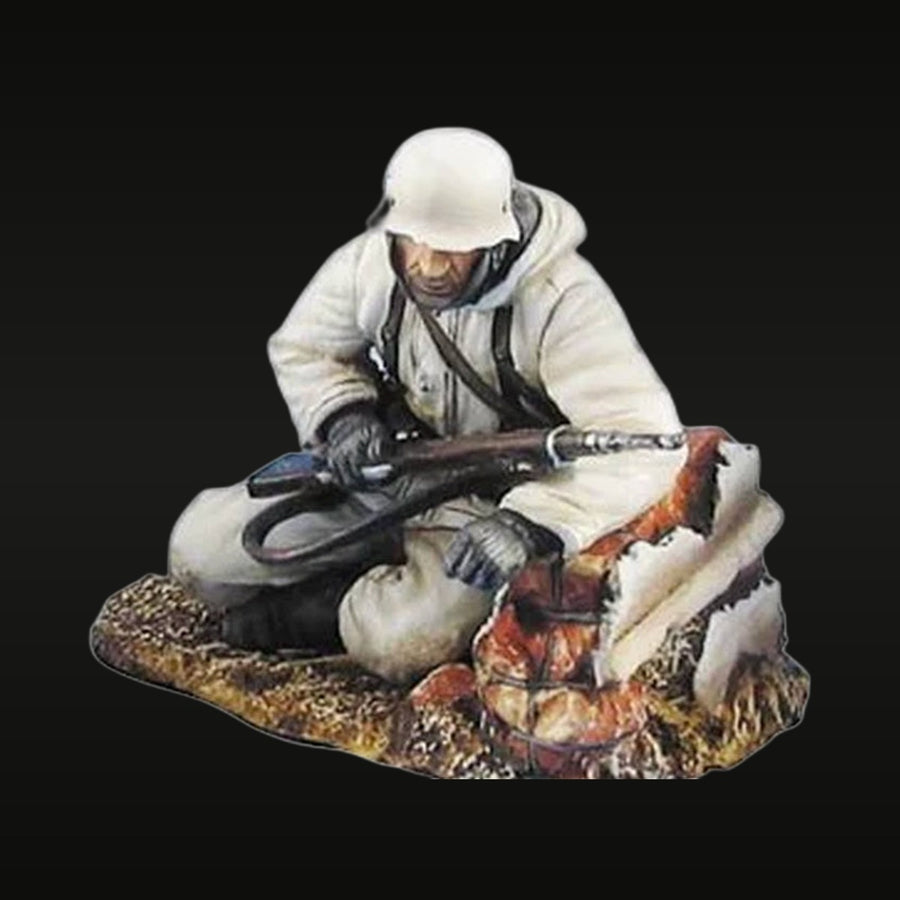 WWII German Infantry Winter Camo with K98 Rifle Seated 1/35 Resin Figure Kit - unpainted resin model kit