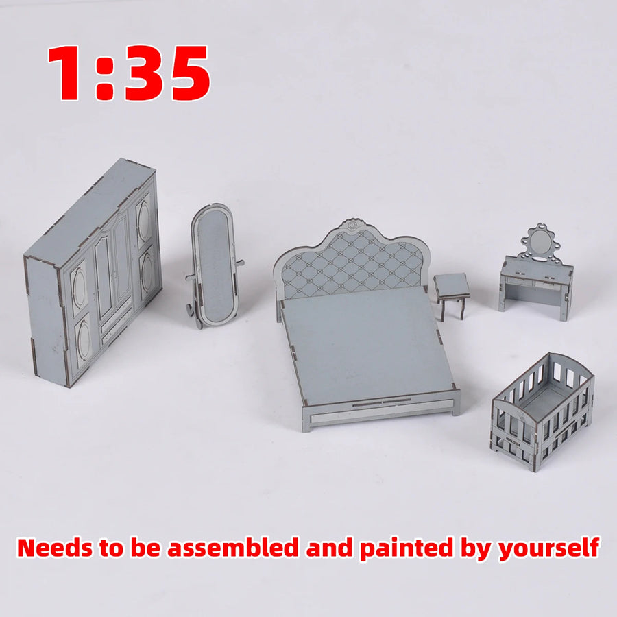 1/35 Scale Model Kit Bedroom Furniture Bed Crib Dressing Table Mirror Nightstand Wardrobe Cupboard Sand Table Diorama Models