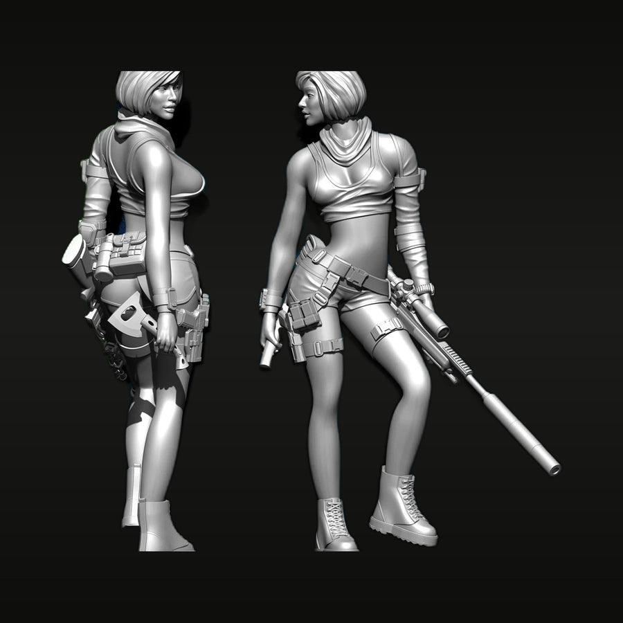 Stylized Female Sci-Fi Operators with Rifle & Sword 75mm Resin Figure Kit Set - unpainted resin model kit