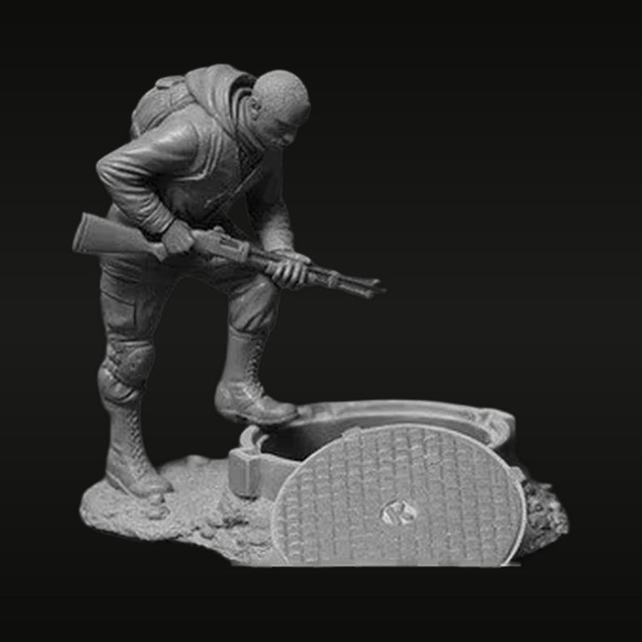 WWII Soldier with Rifle Emerging from Manhole 54mm Resin Figure Kit - unpainted resin model kit