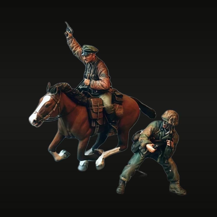 WWII German Cavalry Officer on Horseback with Infantryman 1/35 Resin Figure Kit - unpainted resin model kit