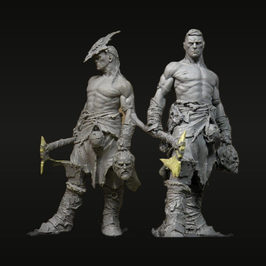 Fantasy Barbarian Warriors with Axe and Flail Duo 75mm Resin Figure Kit - unpainted resin model kit