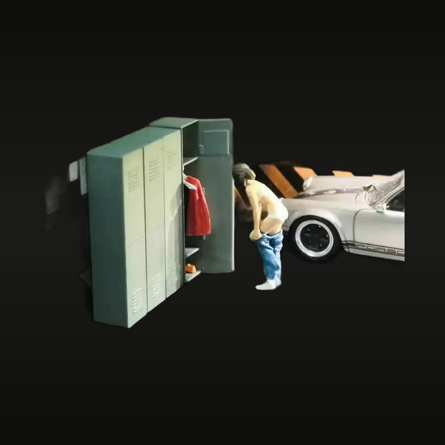 Classic Car Garage Locker Diorama with Male Figure 1:64 Resin Kit - unpainted resin model kit