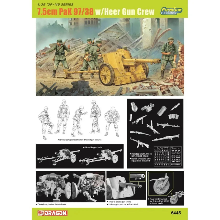 DRAGON Assemble Plastic Model Kit 6445 1/35 German 7.5Cm Pak 97/38 W/Heer Gun Crew