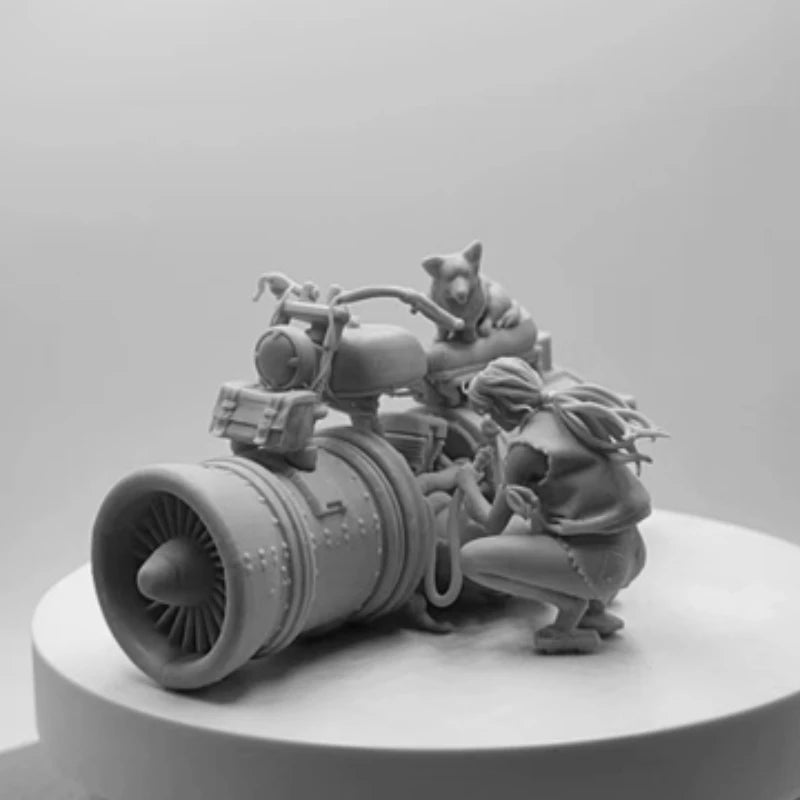 Female Mechanic with Corgi and Jet-Powered Motorcycle Diorama Resin Kit - resin model view 3