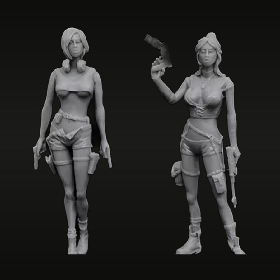 Post Apocalyptic Female Survivors with Revolver & Pistols 1/35 Resin Figure Set - unpainted resin model kit