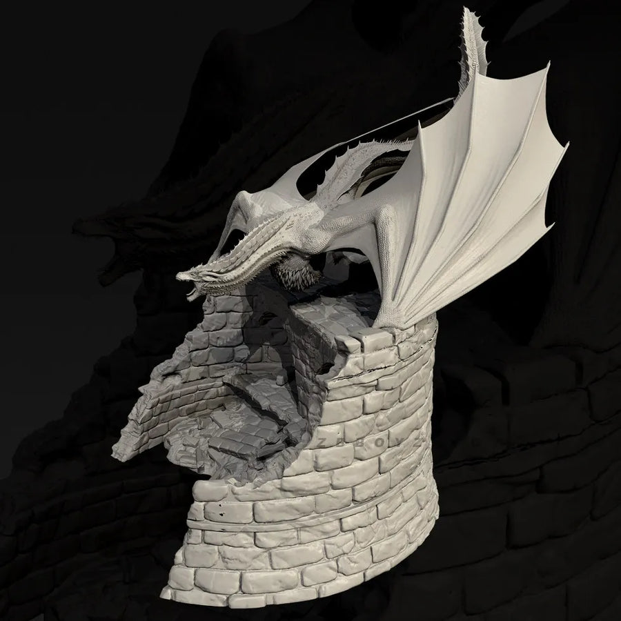 Fantasy Green Dragon on Ruined Tower Diorama 75mm Resin Kit - resin model view 3