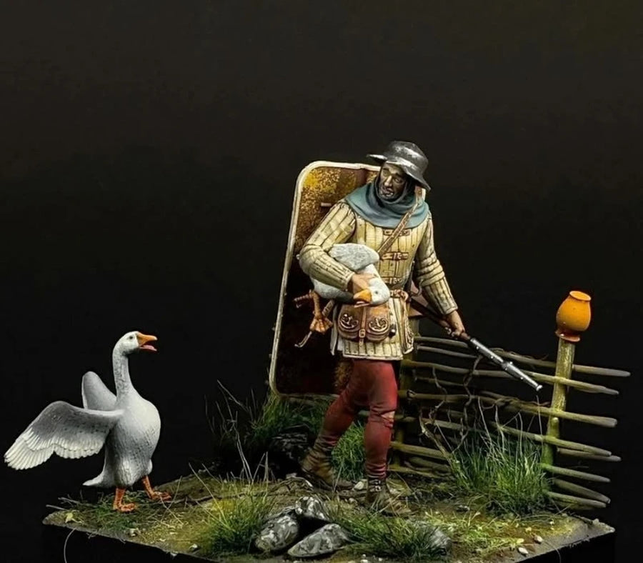 1/24 Scale 75Mm Die-Cast Resin Figure Model Kit Ancient Infantryman and Goose Hobby Miniature Toys Unassembled Unpainted Diorama