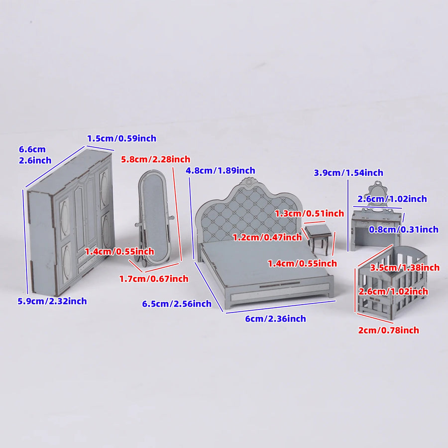 1/35 Scale Model Kit Bedroom Furniture Bed Crib Dressing Table Mirror Nightstand Wardrobe Cupboard Sand Table Diorama Models