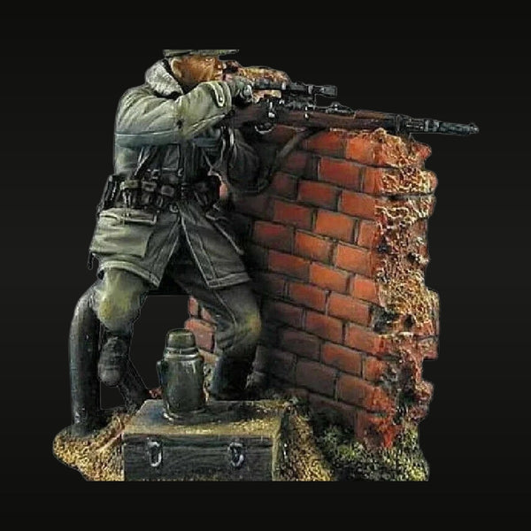 WWII German Sniper with Scoped K98 Behind Brick Wall 1/35 Resin Diorama Kit