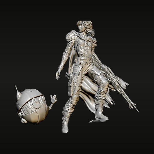 Sci-Fi Female Soldier with Dual Plasma Rifles and Droid 55mm Resin Figure Kit