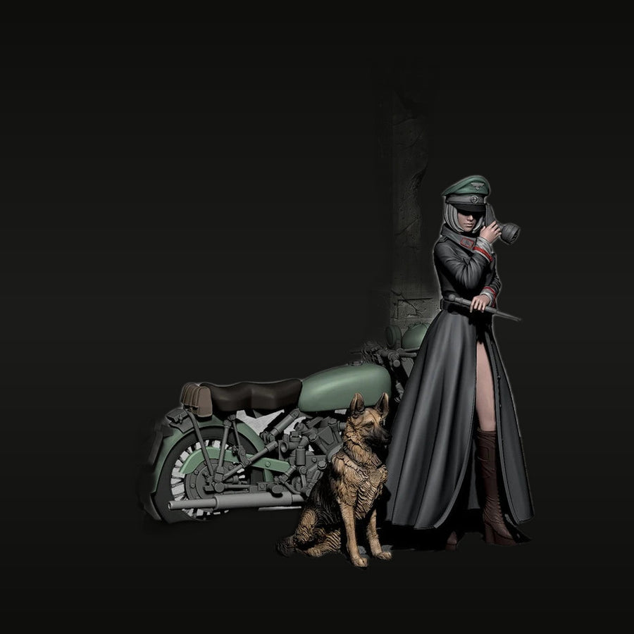 WWII German Female Soldier with Motorcycle and Dog 1/35 Resin Figure Set - unpainted resin model kit