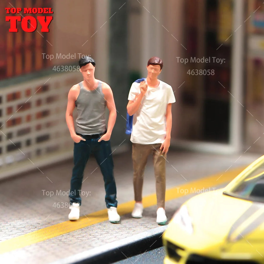 Painted Miniatures 1/64 Grey Vest Boy Jacket White T-Shirt Man Mini Scene Props Doll Unpainted Model for Cars Vehicles Toys