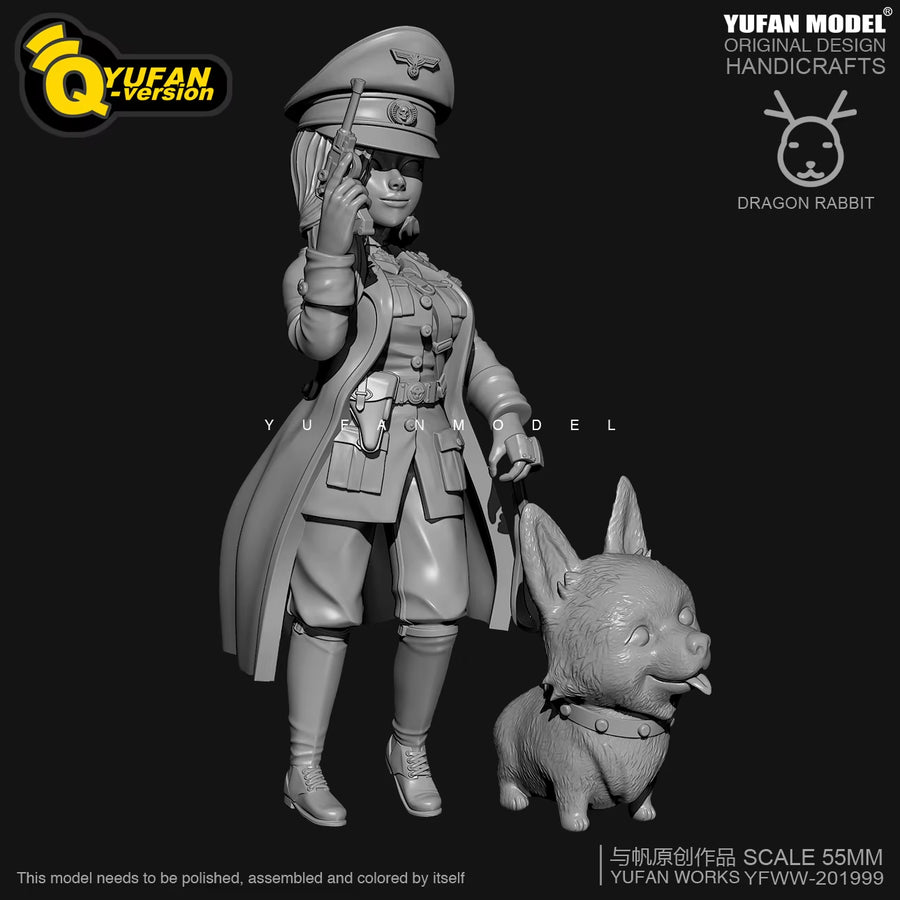 Stylized Female Officer with Cartoon Dog 55mm Resin Figure Kit - resin model view 4
