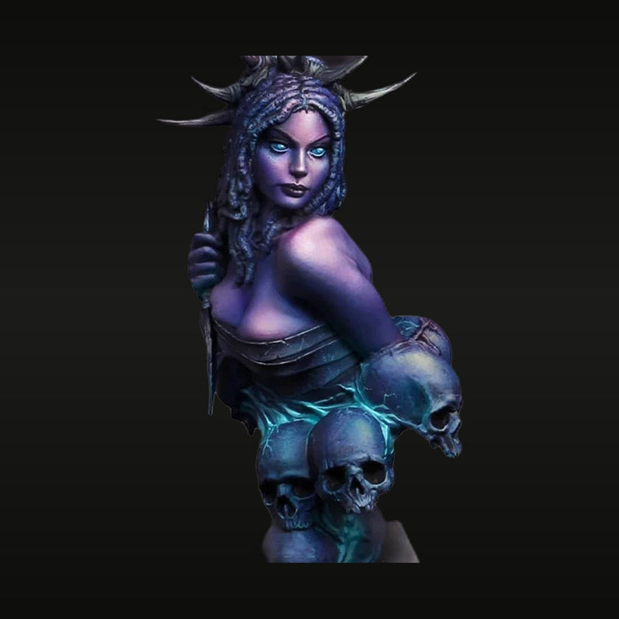 Fantasy Female Demon Sorceress with Horns and Staff 1/12 Resin Bust - unpainted resin model kit