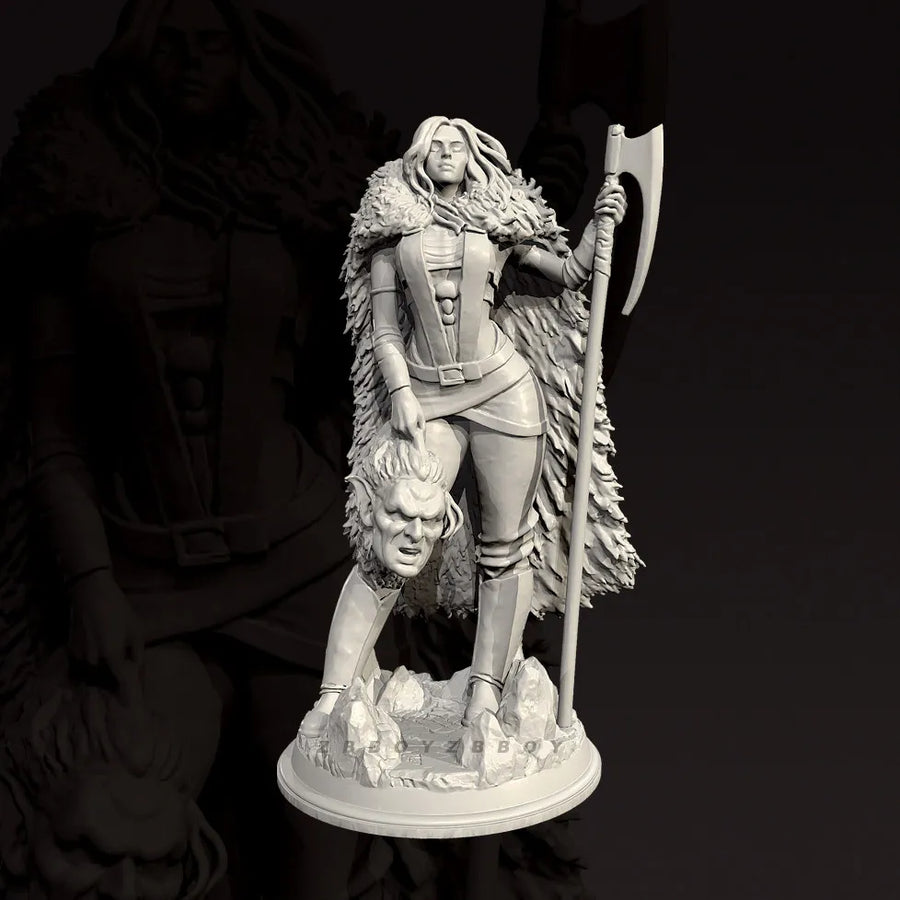 Fantasy Female Barbarian Warrior with Poleaxe & Trophy Head 28mm Resin Figure Kit - resin model view 2