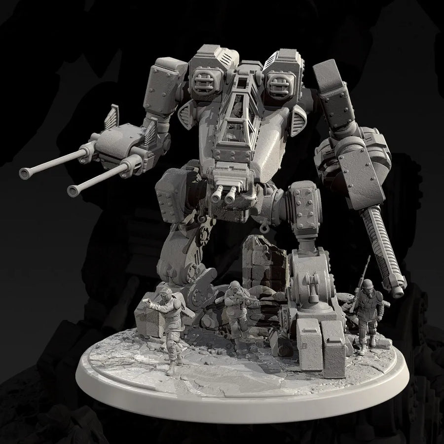 Sci-Fi Combat Mech with Infantry Diorama Base 28mm Resin Kit - resin model view 5