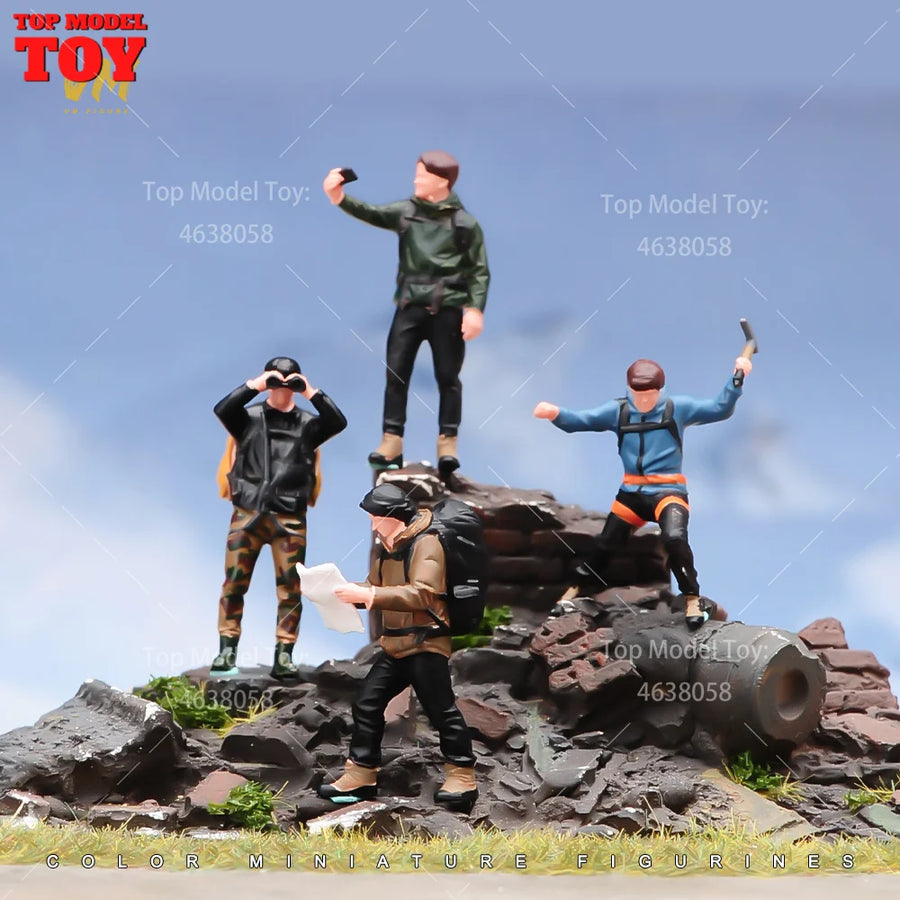 Painted Miniatures 1/64 Outdoor Hiking Rock Climbing Exploration Team Male Scene Figure Doll Unpainted Model for Car Vehicles