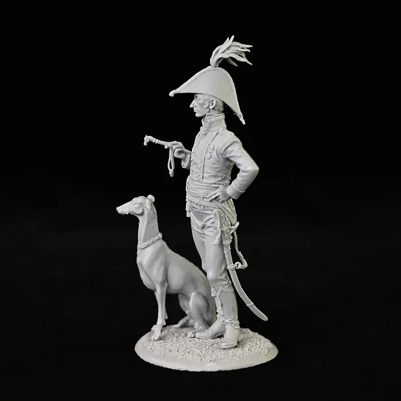 Napoleonic Officer with Plumed Bicorne Hat and Hound 75mm Resin Figure Kit - resin model view 2