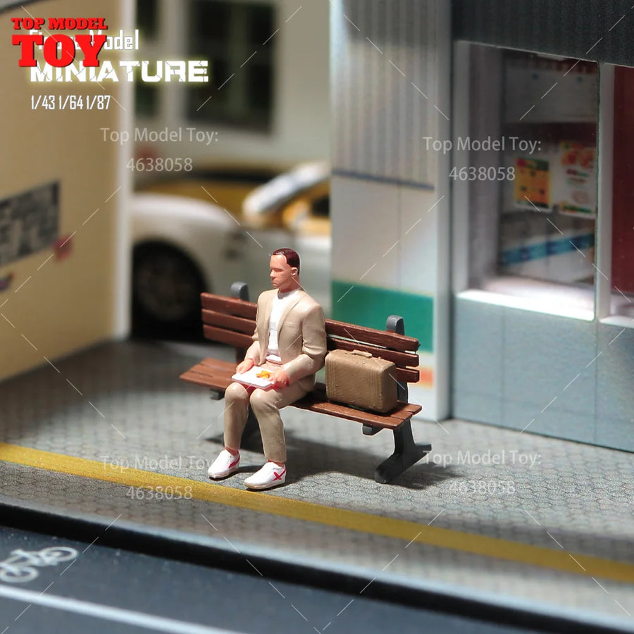 Painted Miniatures 1/64 1/43 1/87 Mr. Forrest Gump Sitting on Bench Male Scene Figure Doll Unpainted Model for Car Vehicles