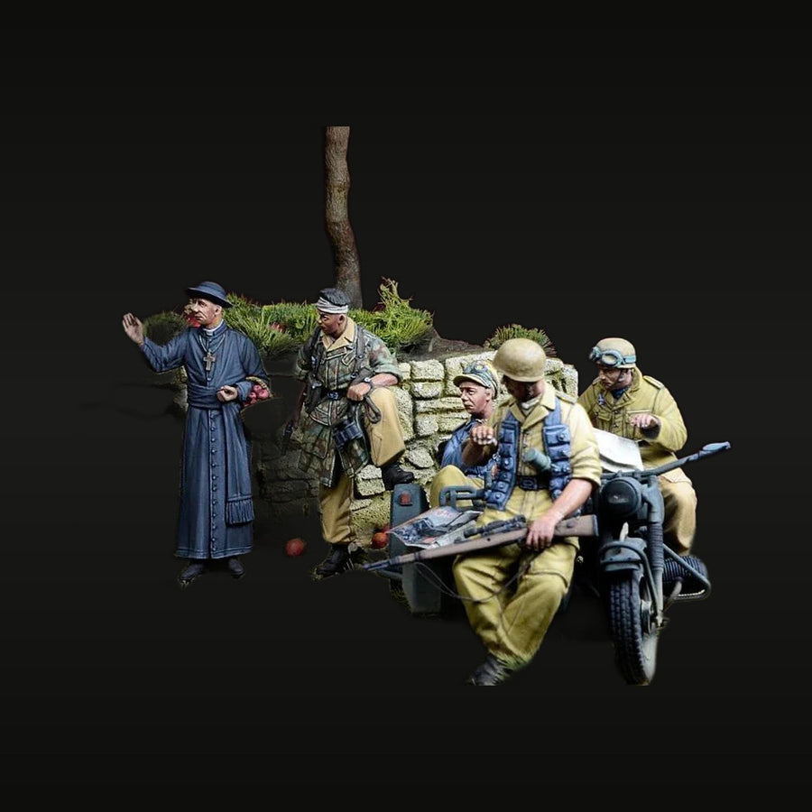 WWII German Soldiers with Priest & Motorcycle 1/35 Diorama Set - unpainted resin model kit